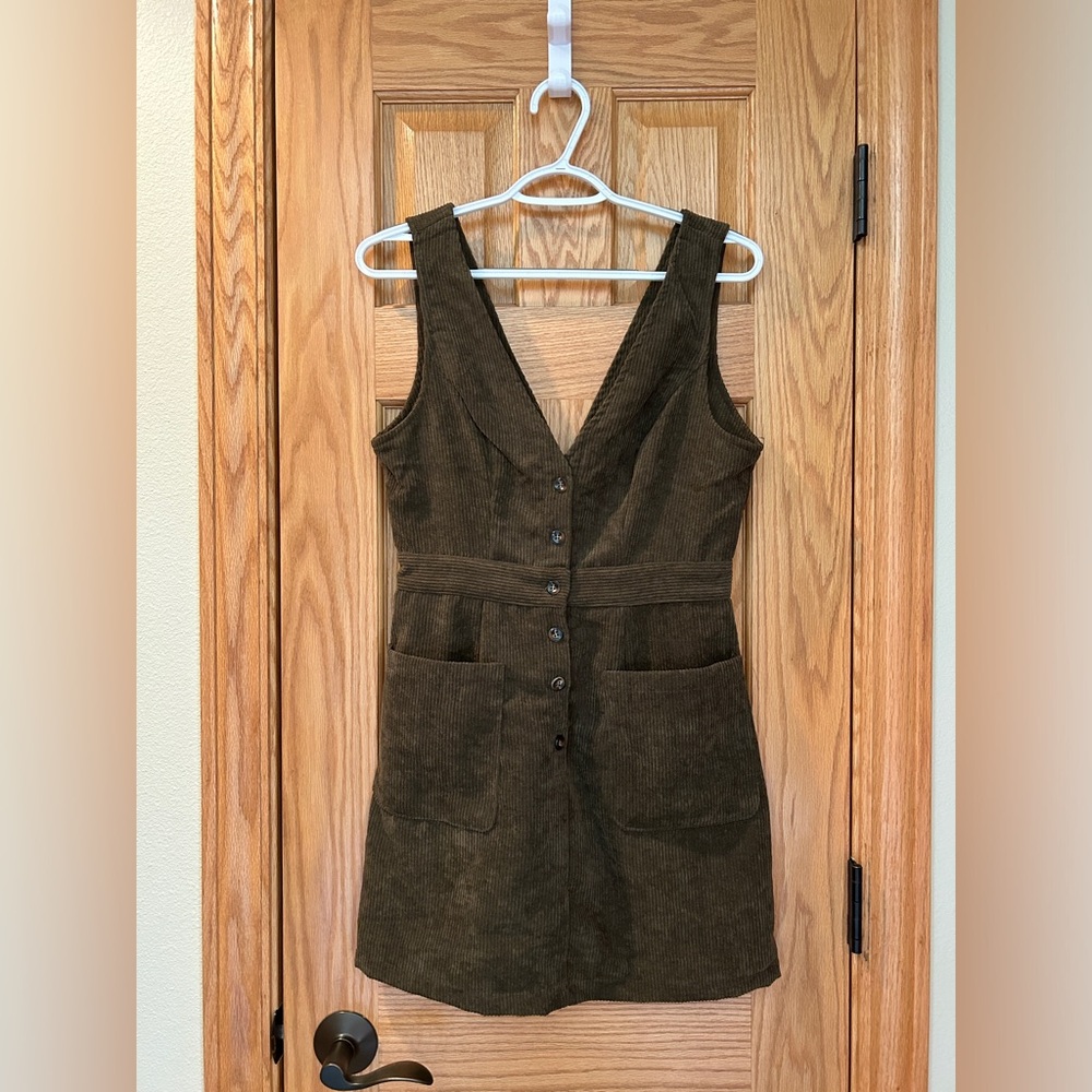 SheIn V-Neck Sleeveless Pocket Corduroy Button Pinafore Overall Mini Dress, S(4)